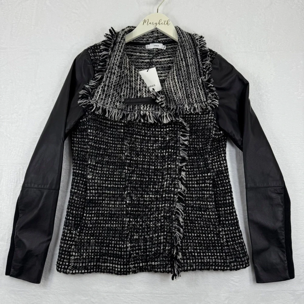 Vince Tweed Leather Moto Jacket Black‎ White Fringe Womens Size M